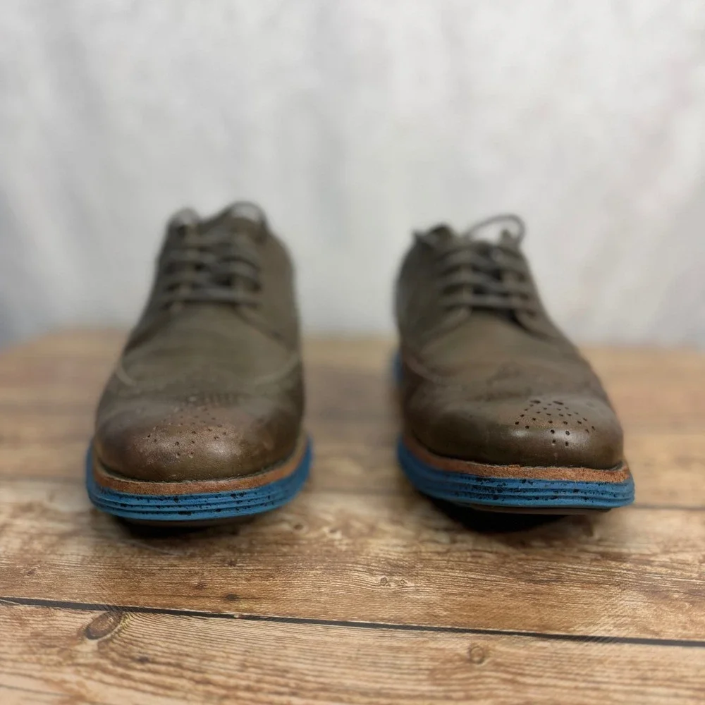 Cole Haan Mens 10 Brown Leather Lunargrand Wingtip Oxford Blue Sole Quiet Luxury